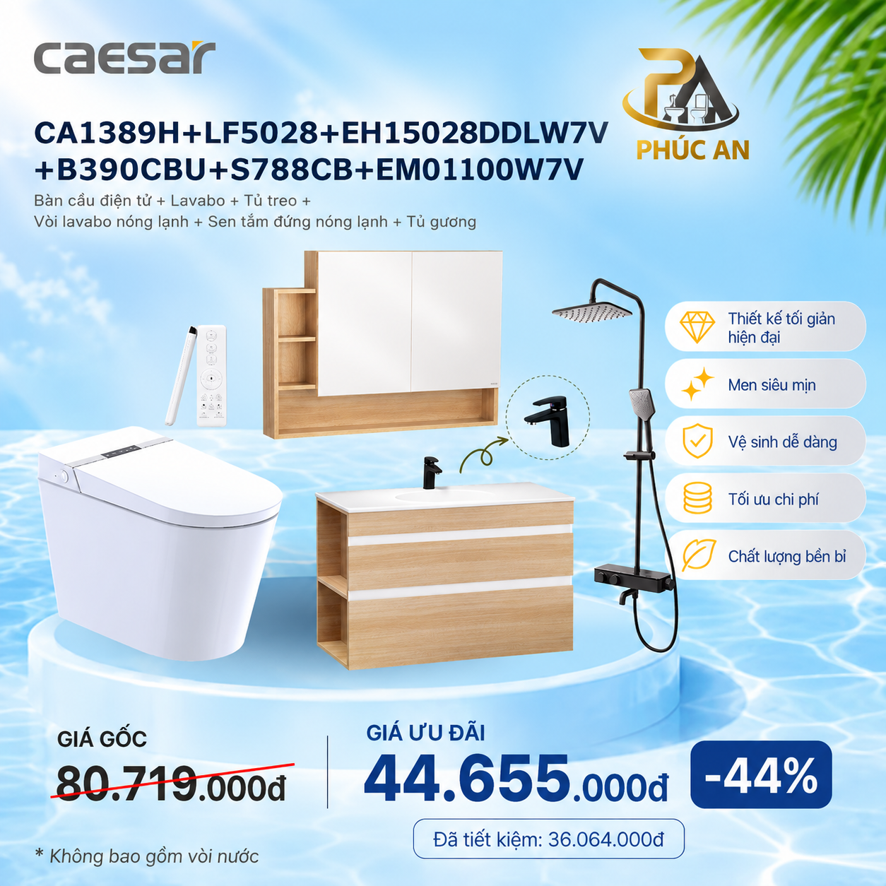 Bàn cầu + lavabo + tủ treo + Vòi Nóng Lạnh + Sen Tắm + Tủ Gương - CA1389H + LF5028 + EH15028DDLW7V + B390CBU + S788CB + EM01100W7V