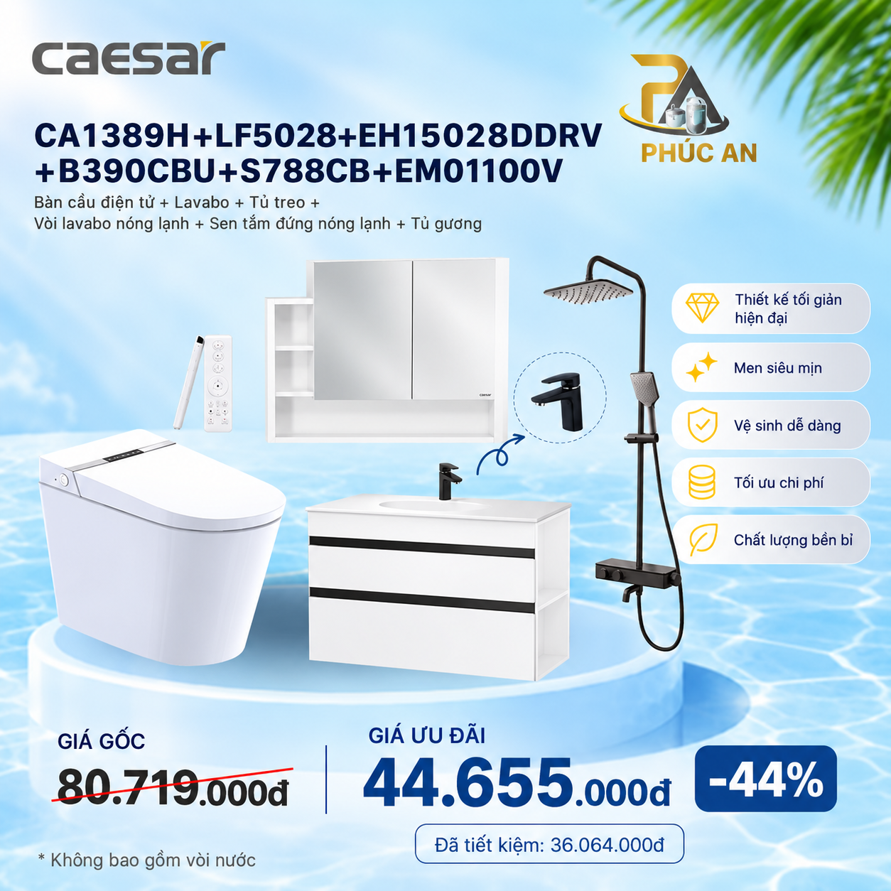 Bàn cầu + lavabo + tủ treo + Vòi Nóng Lạnh + Sen Tắm + Tủ Gương - CA1389H + LF5028 + EH15028DDRV + B390CBU + S788CB + EM01100V