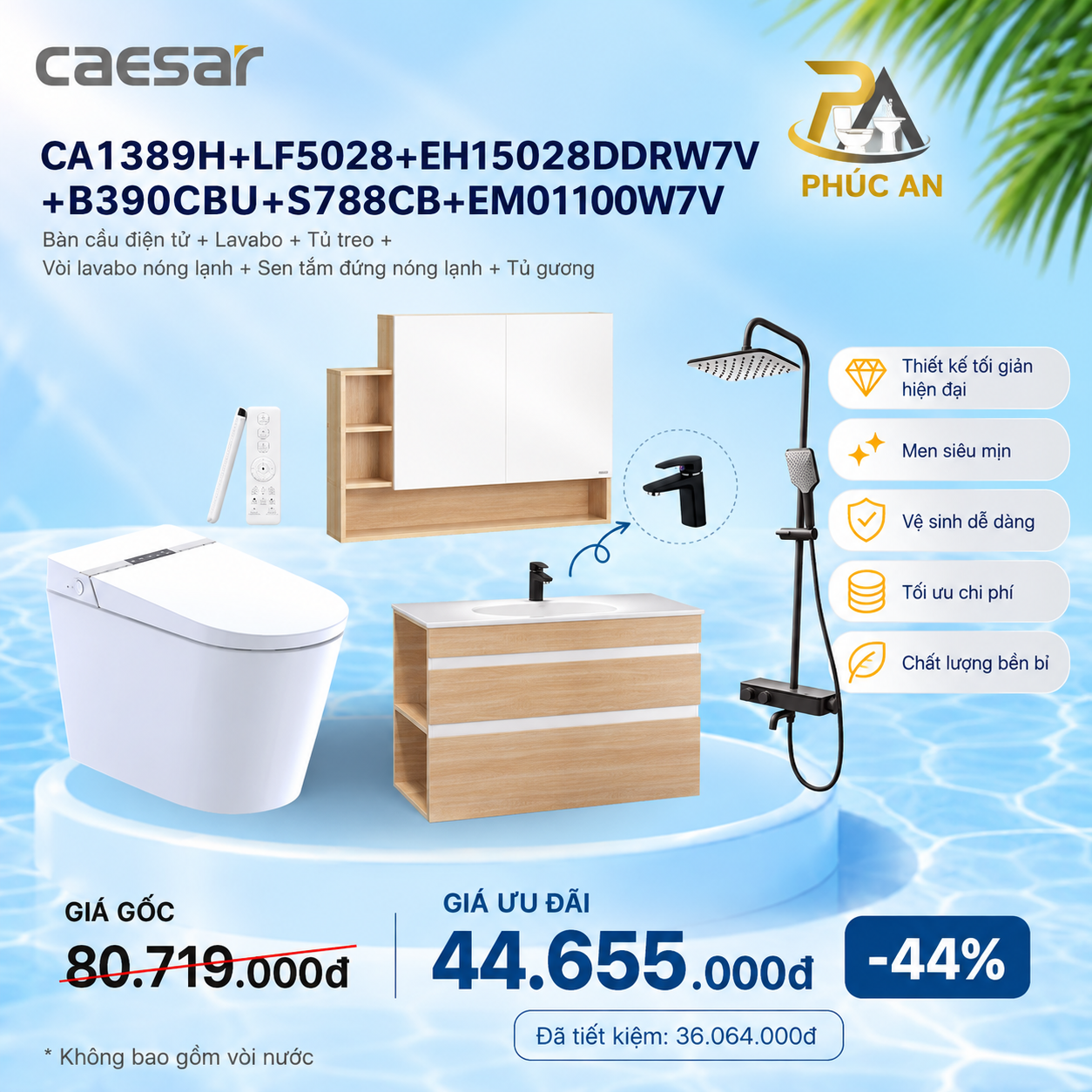 Bàn cầu + lavabo + tủ treo + Vòi Nóng Lạnh + Sen Tắm + Tủ Gương - CA1389H + LF5028 + EH15028DDRW7V + B390CBU + S788CB + EM01100W7V