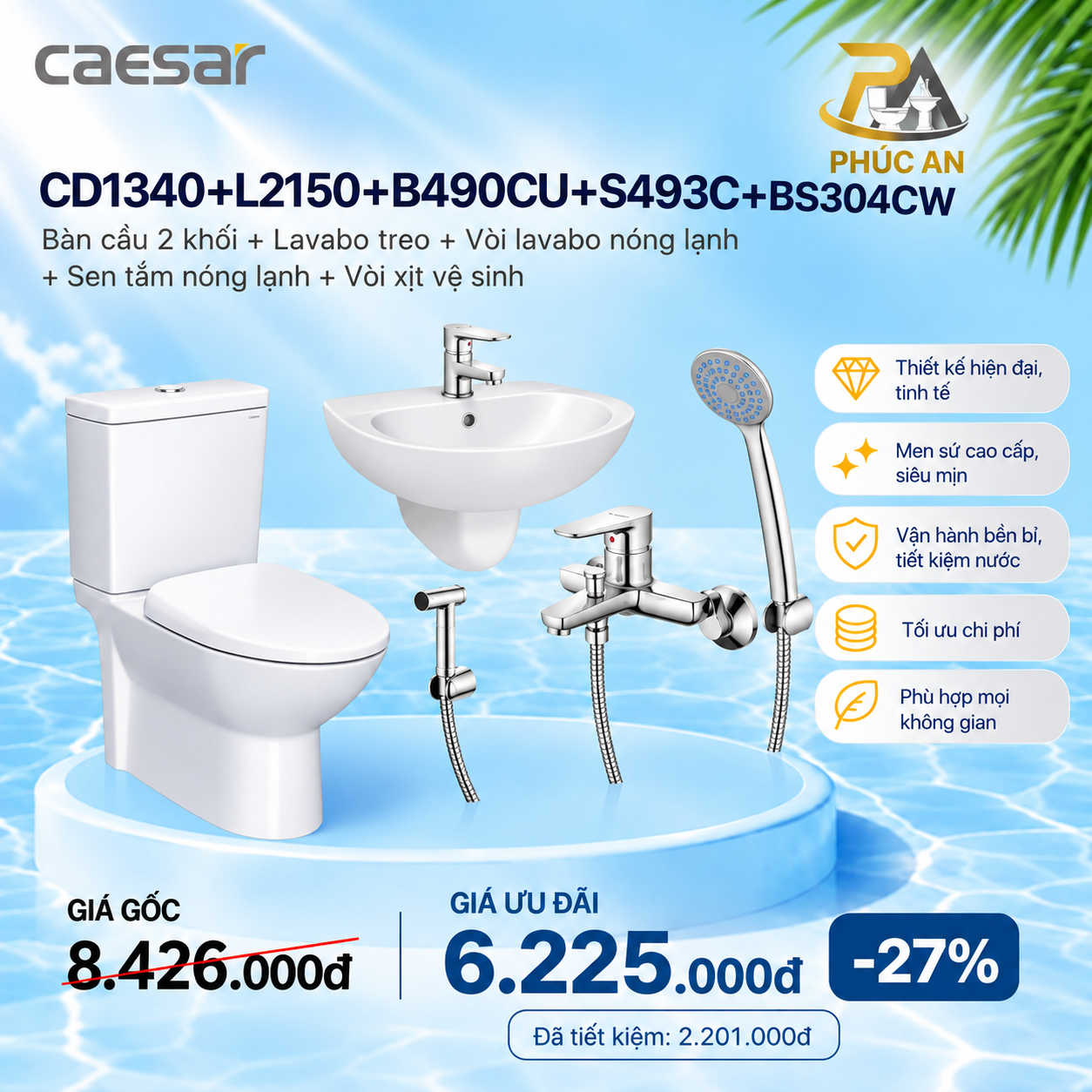 Khuyến mãi bàn cầu + Lavabo treo + Vòi lavabo + Sen tắm nóng lạnh + Vòi xịt Inox CD1340+L2150+B490CU+S493C+BS304CW