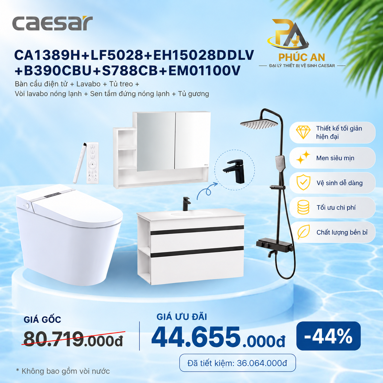 Bàn cầu + lavabo + tủ treo + Vòi Nóng Lạnh + Sen Tắm + Tủ Gương - CA1389H + LF5028 + EH15028DDLV + B390CBU + S788CB + EM01100V