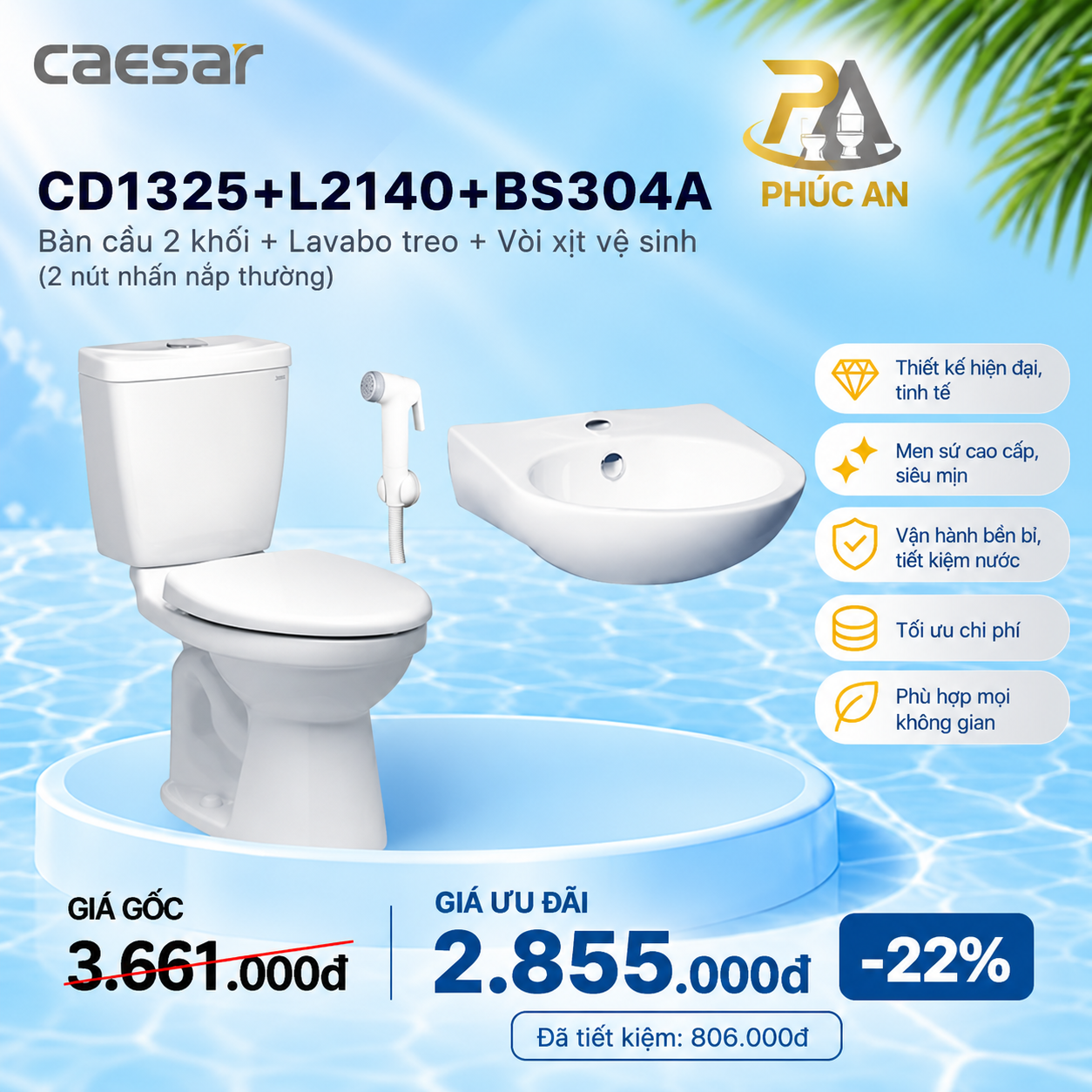 Khuyến mãi - Bàn Cầu 2 Khối + Lavabo Treo Tường + Vòi Xịt Nhựa - CD1325 + L2140 + BS304A